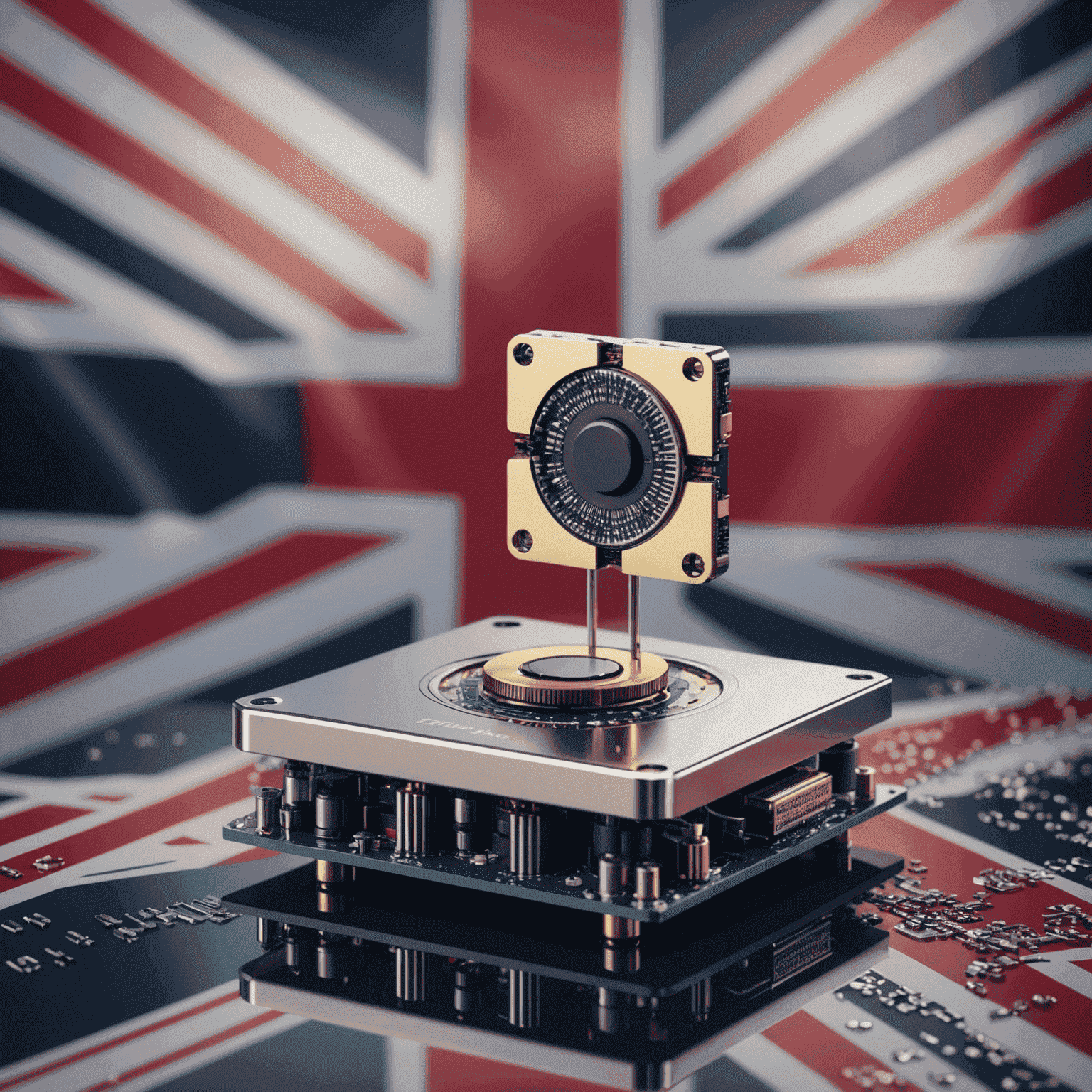 A conceptual image representing the future of quantum computing in the UK, with a quantum computer chip and the Union Jack flag in the background