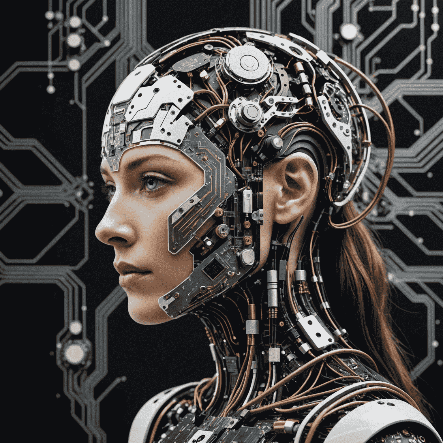 Visual representation of artificial intelligence transforming digital technologies in the United Kingdom, with circuit board patterns, digital interfaces, and futuristic elements in black, brown, grey and white colors