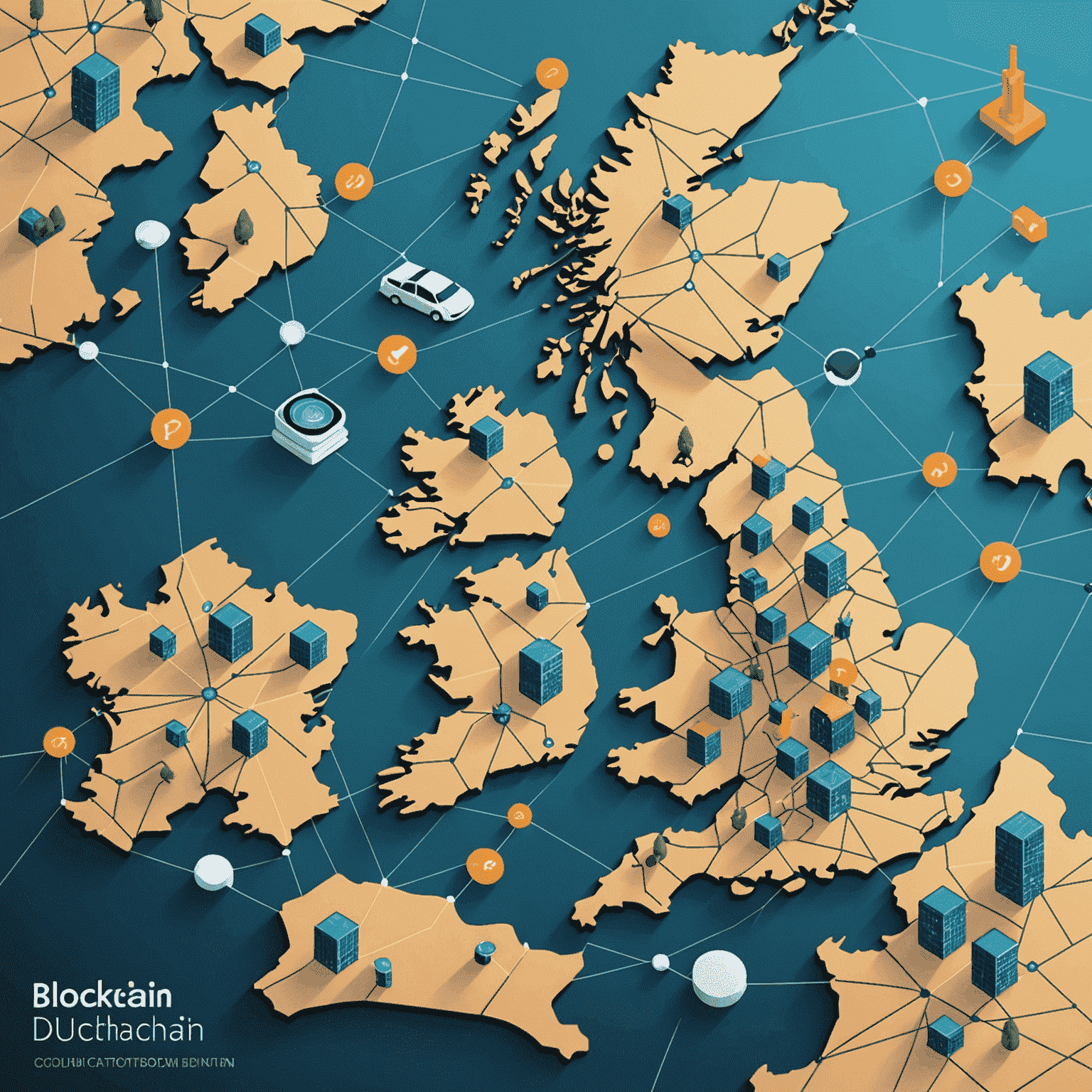 Illustration of blockchain network connecting various industries across the UK map