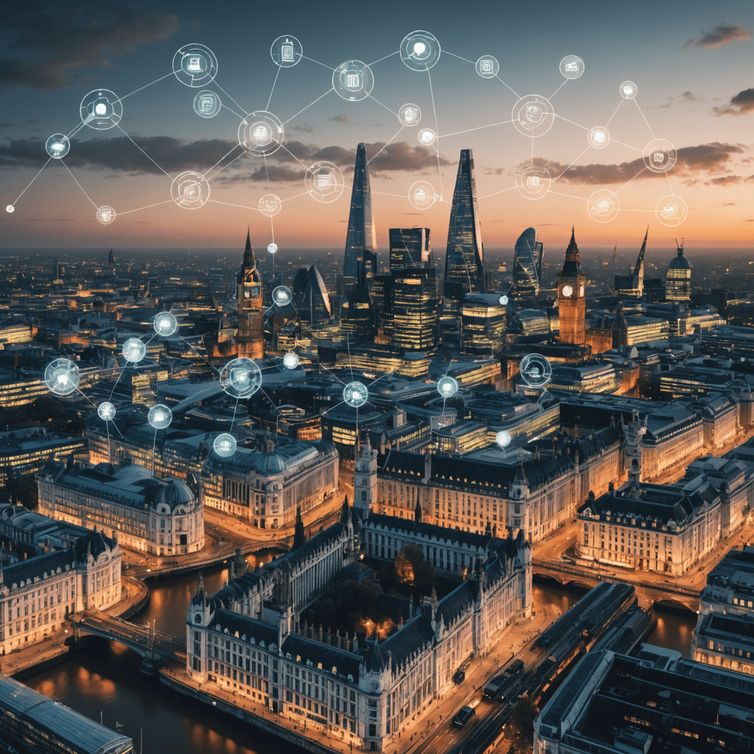 Aerial view of London skyline with IoT devices and networks overlaid, representing UK's leadership in IoT development and implementation