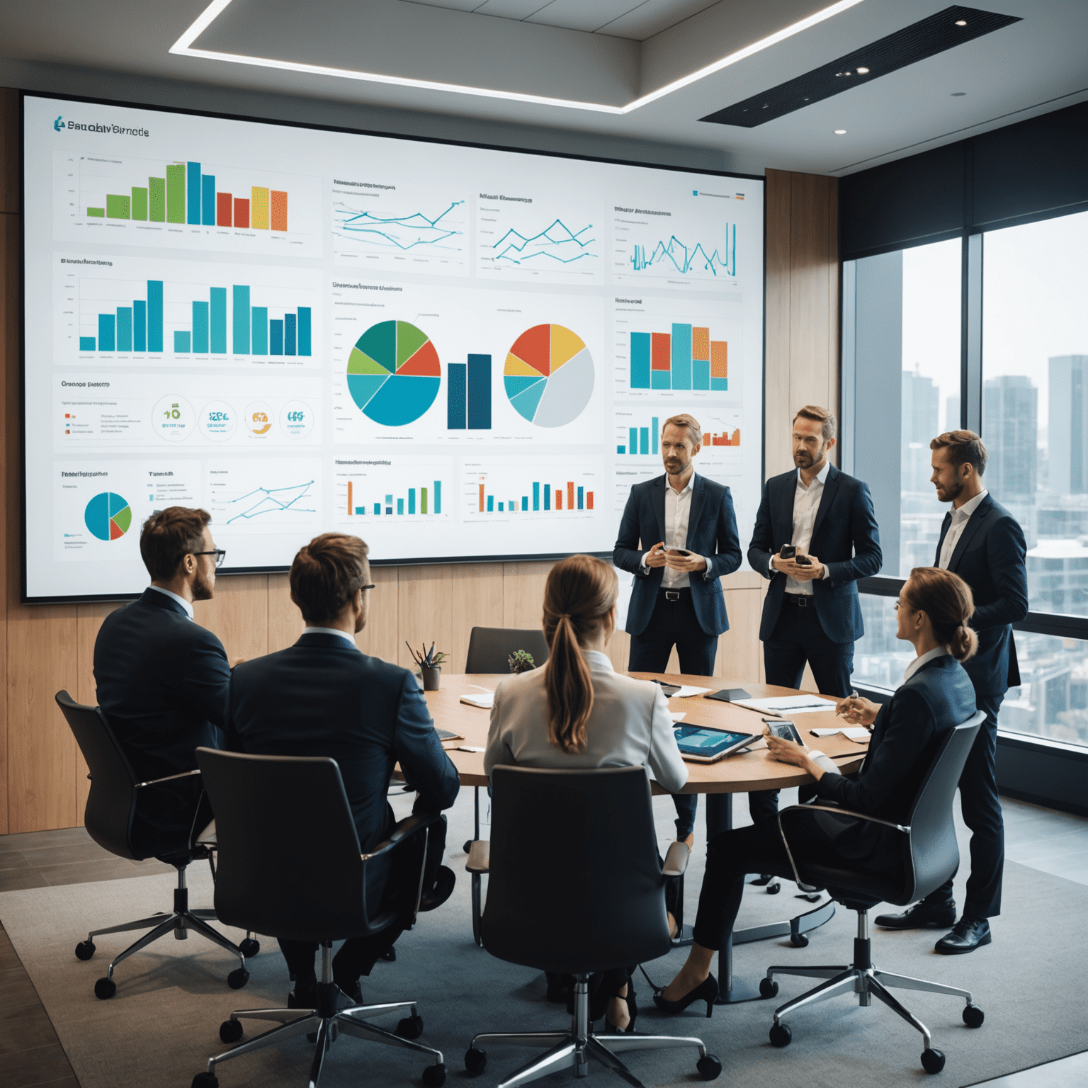 Businesspeople in a meeting room discussing digital transformation strategies, with a large screen showing data visualizations and technology roadmaps