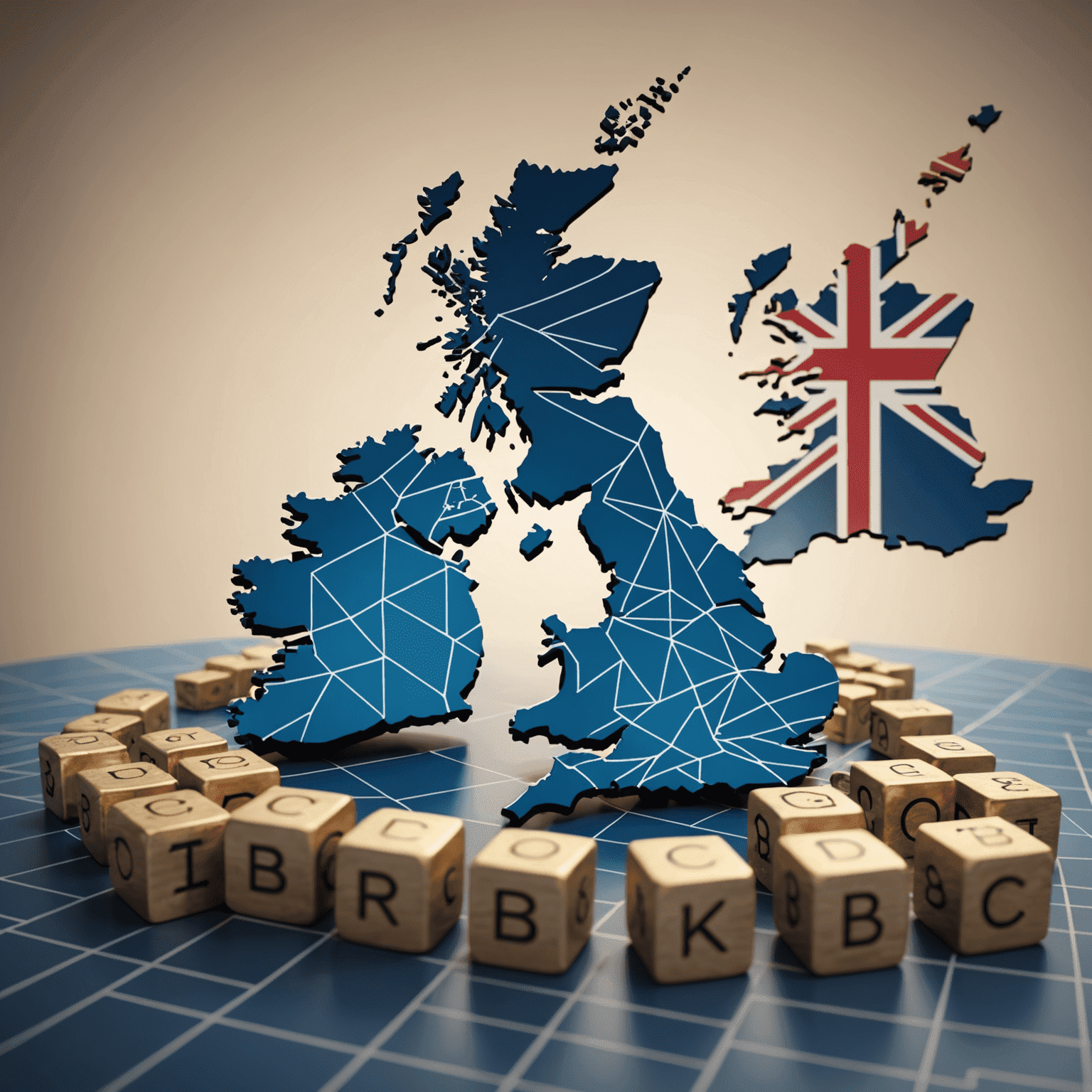 An image depicting the rise of blockchain technology in the UK, with a chain of blocks and the UK map in the background