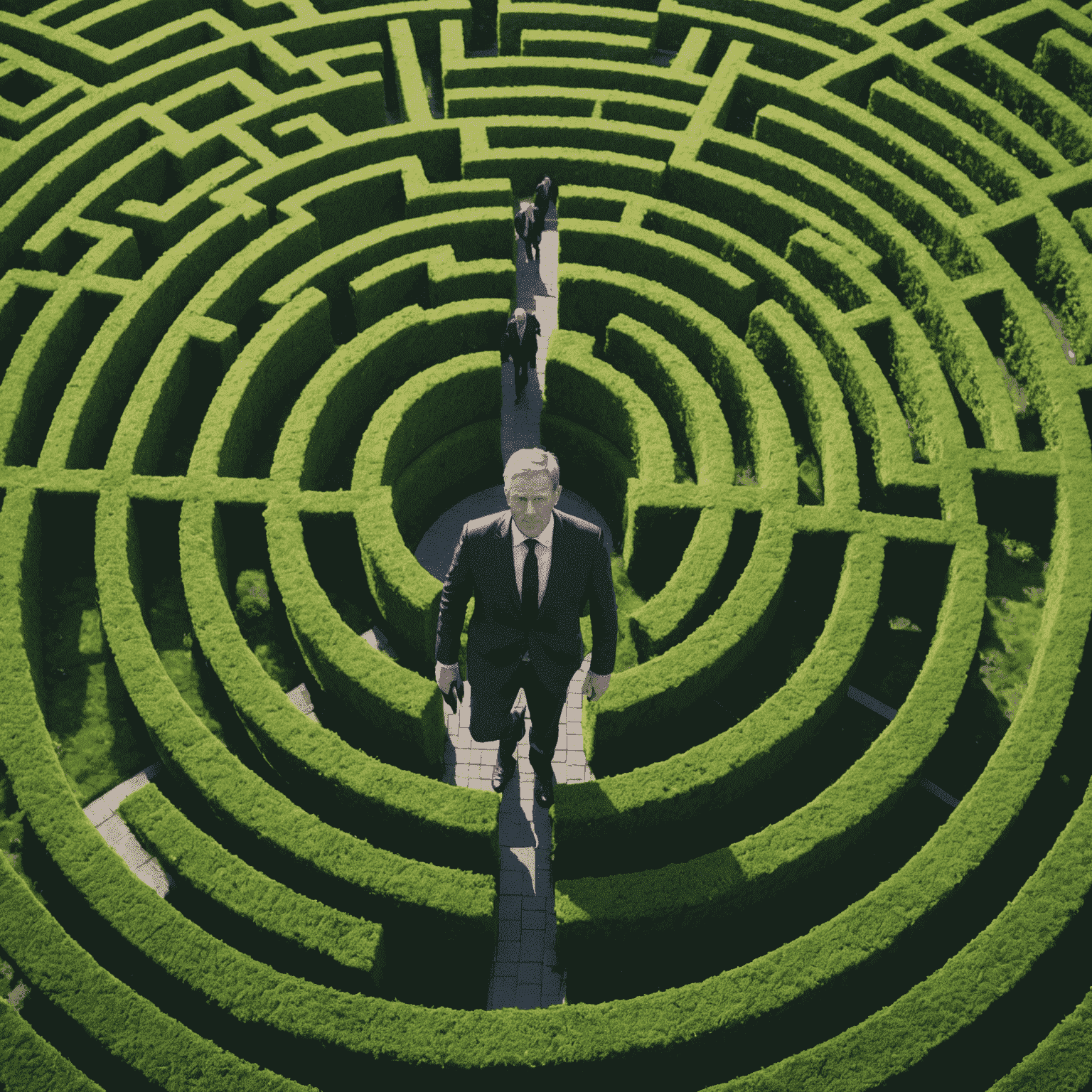 An image illustrating the challenges of digital transformation in the UK, with a businessman navigating a complex digital maze